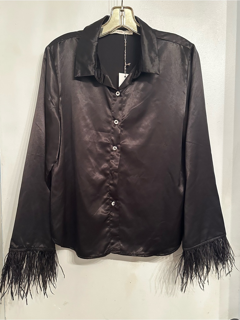 NWT Ellison Black Satin Button-Front Feather Trim Cuffs Blouse Size M
